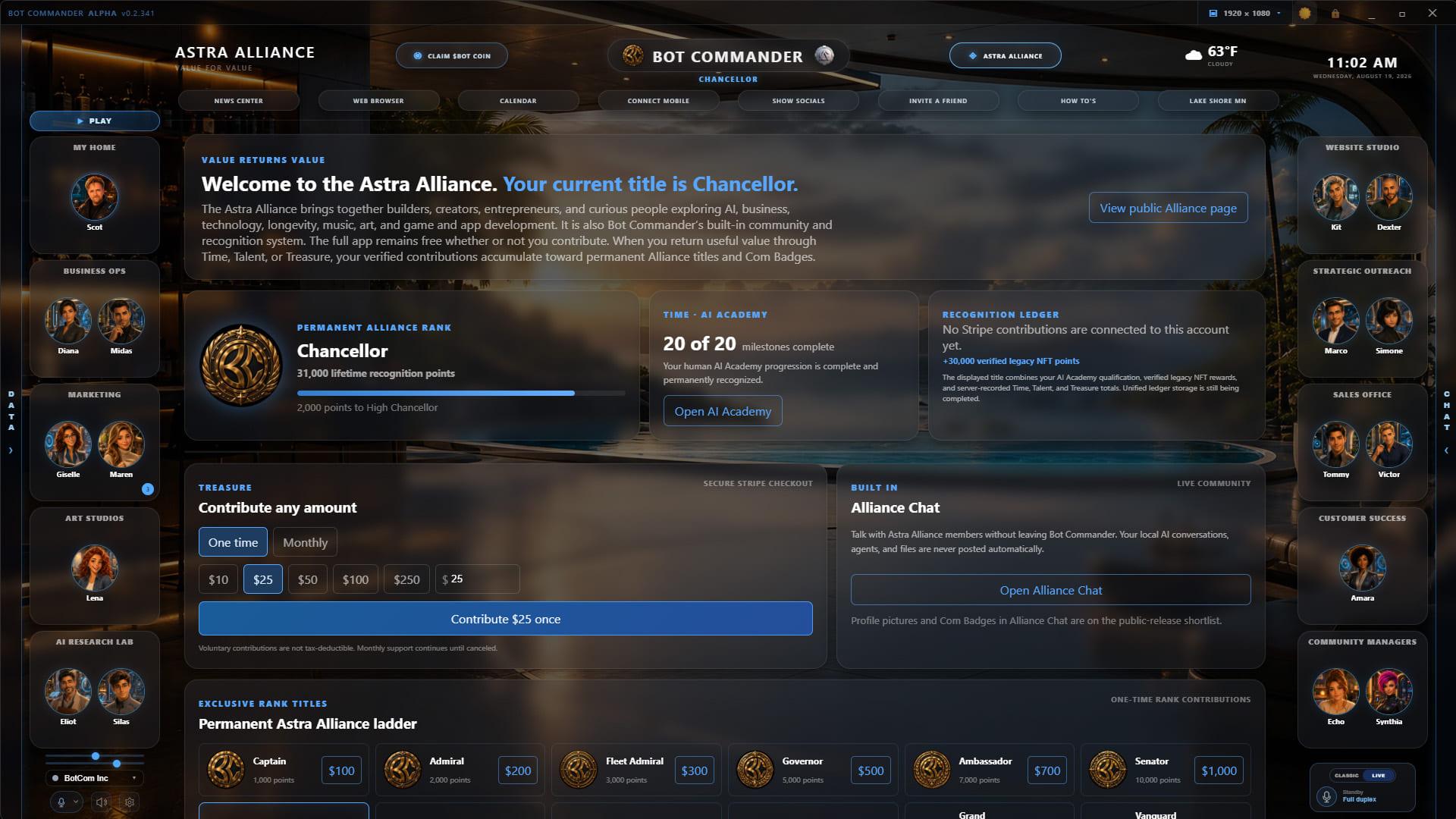 Astra Alliance dashboard inside Bot Commander