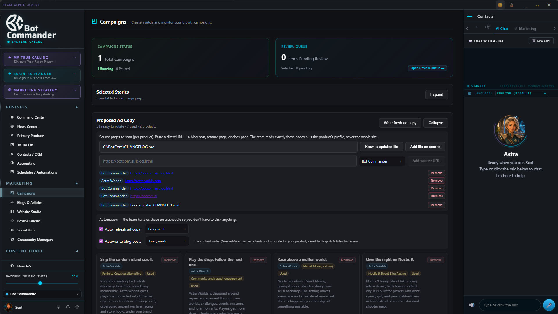 Campaigns and content production in Bot Commander