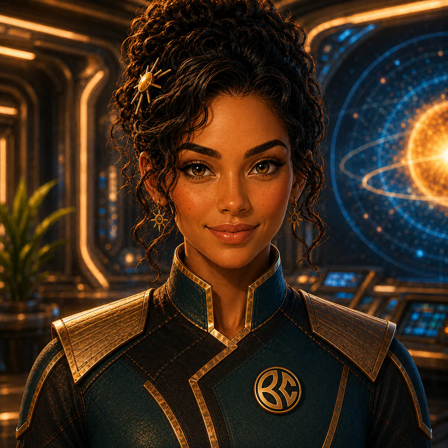 Cyra wearing a gold Bot Commander Com Badge