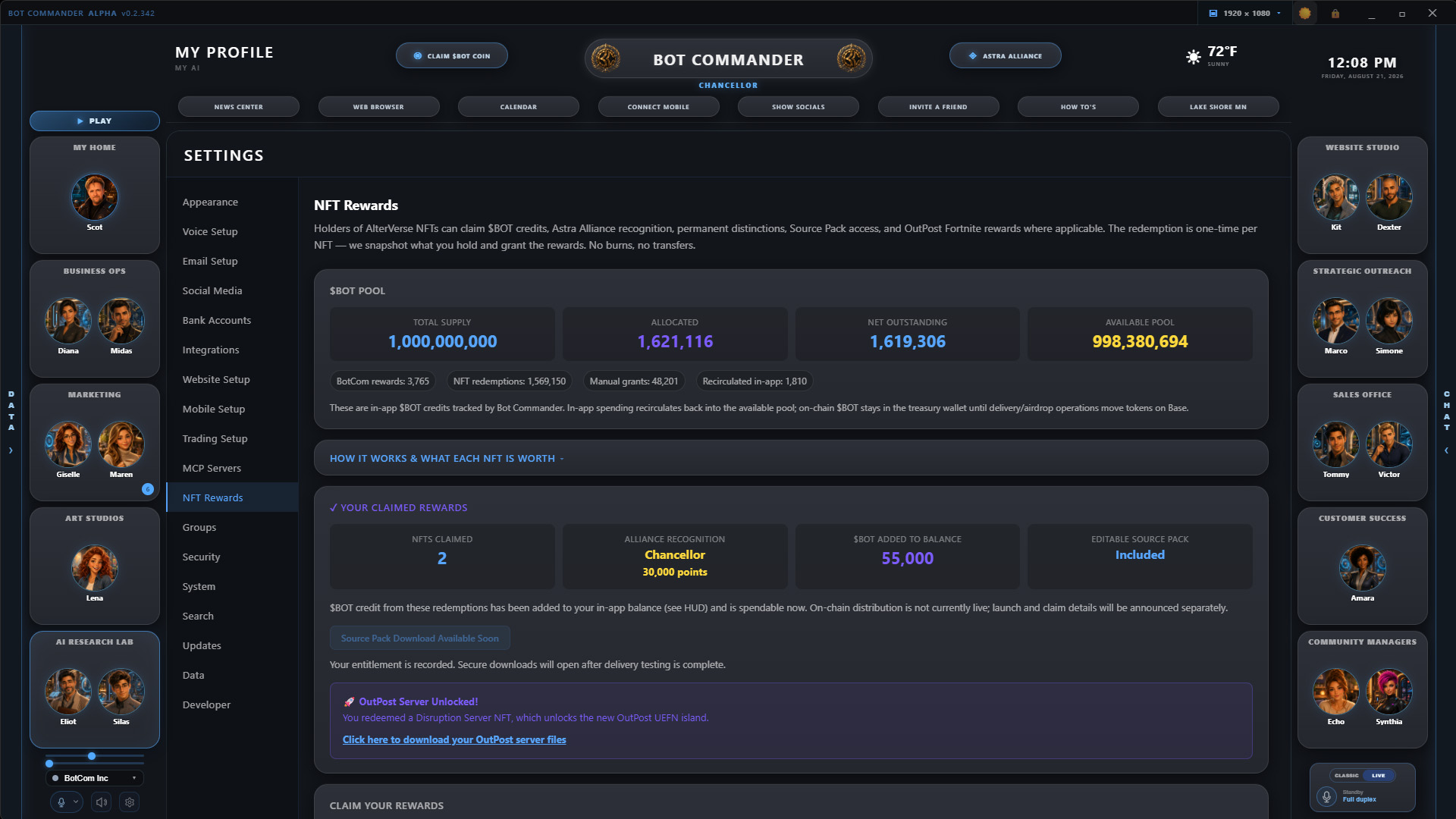 NFT Rewards panel inside the current Bot Commander Command Center