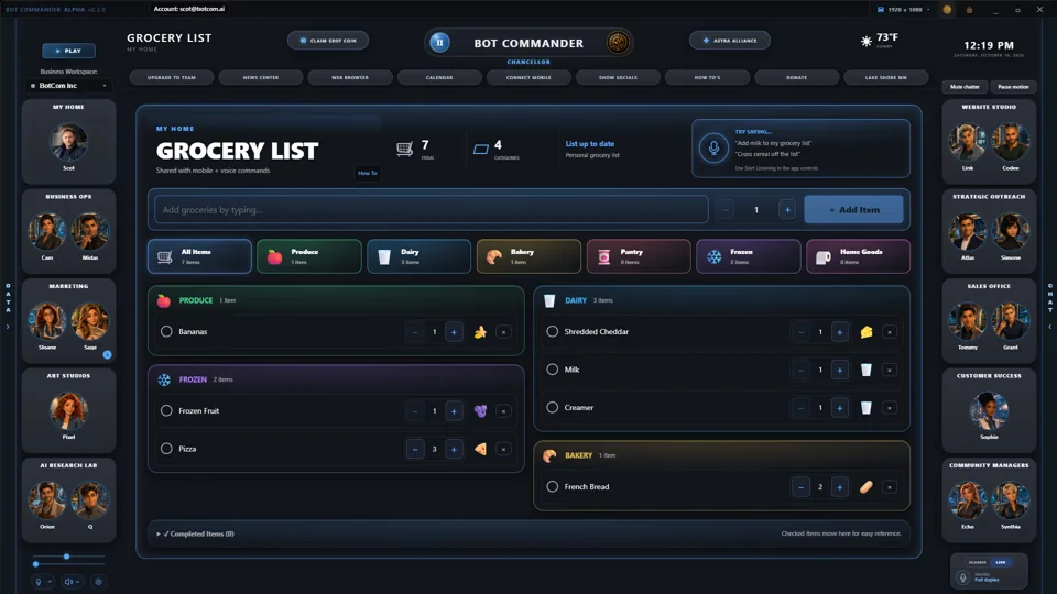 Bot Commander Grocery List page