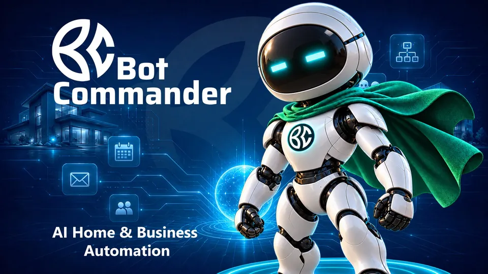 Bot Commander key art: the caped Bot Commander robot beside the logo and the words AI Home & Business Automation
