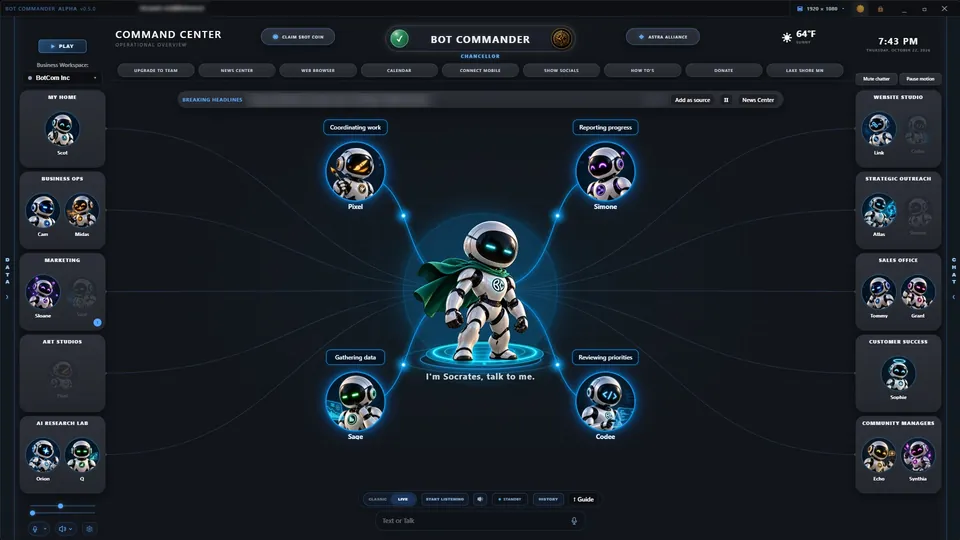 Bot Commander v0.5 Command Center with the Commander, Socrates, coordinating a team of AI specialist agents