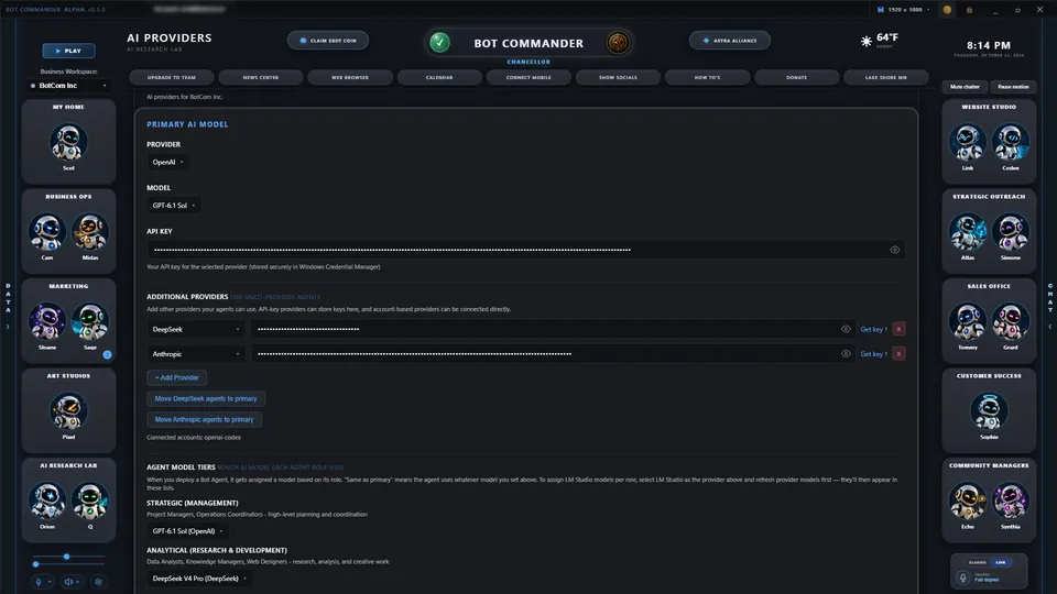 AI Providers settings with OpenAI, DeepSeek, and Anthropic connected and different models assigned to different agent roles