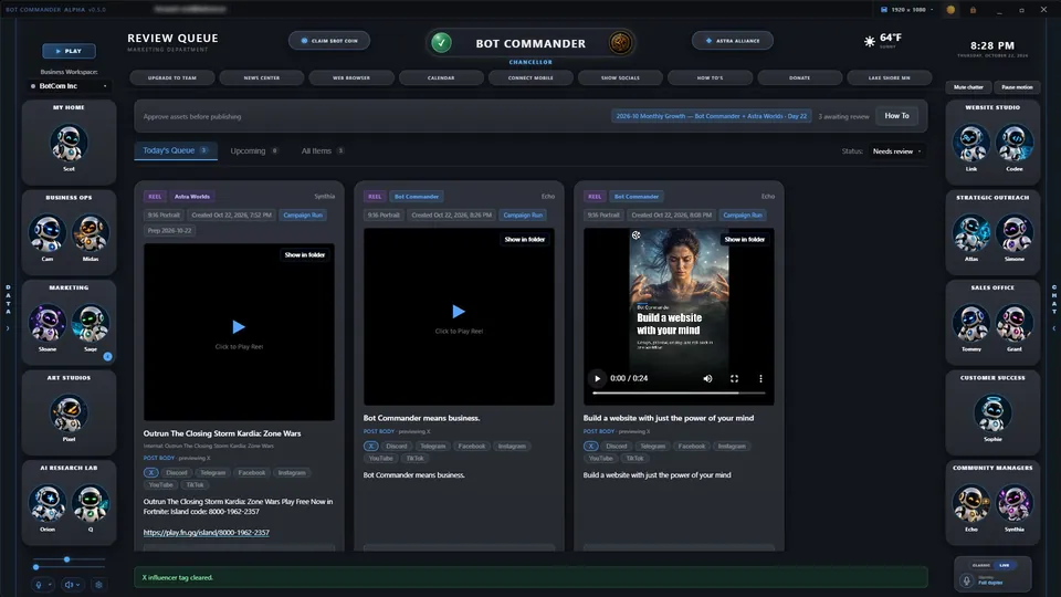 Review Queue showing AI-produced reels waiting for human approval before publishing