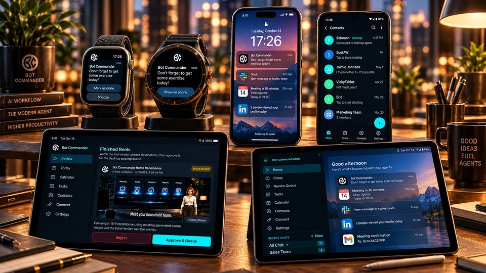 The Com shown on phones, tablets, and smartwatches with reminders, review, and chat screens