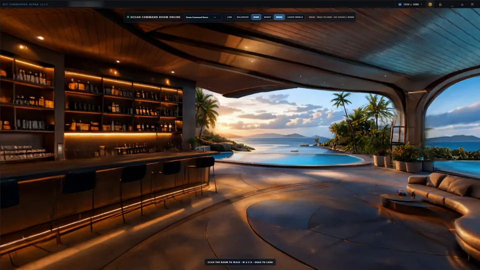Ocean Command Room in Bot Commander's Play mode: an explorable 3D lounge overlooking a tropical ocean at sunset
