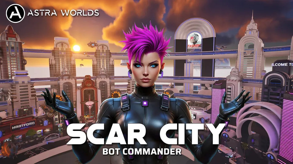 Astra Worlds key art for Scar City – Bot Commander, a Fortnite island set in a futuristic city
